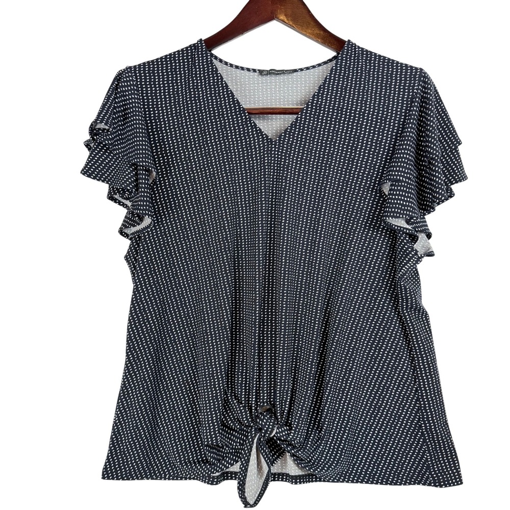 Adrianna Papell Navy White Polka Dot Tie Front Ruffle Sleeve Top AD1S302694